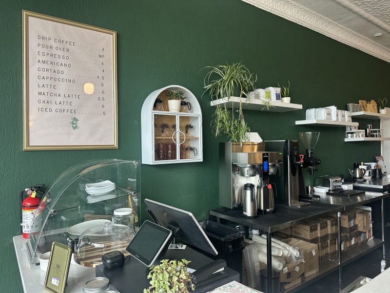 The interior of a coffee shop.